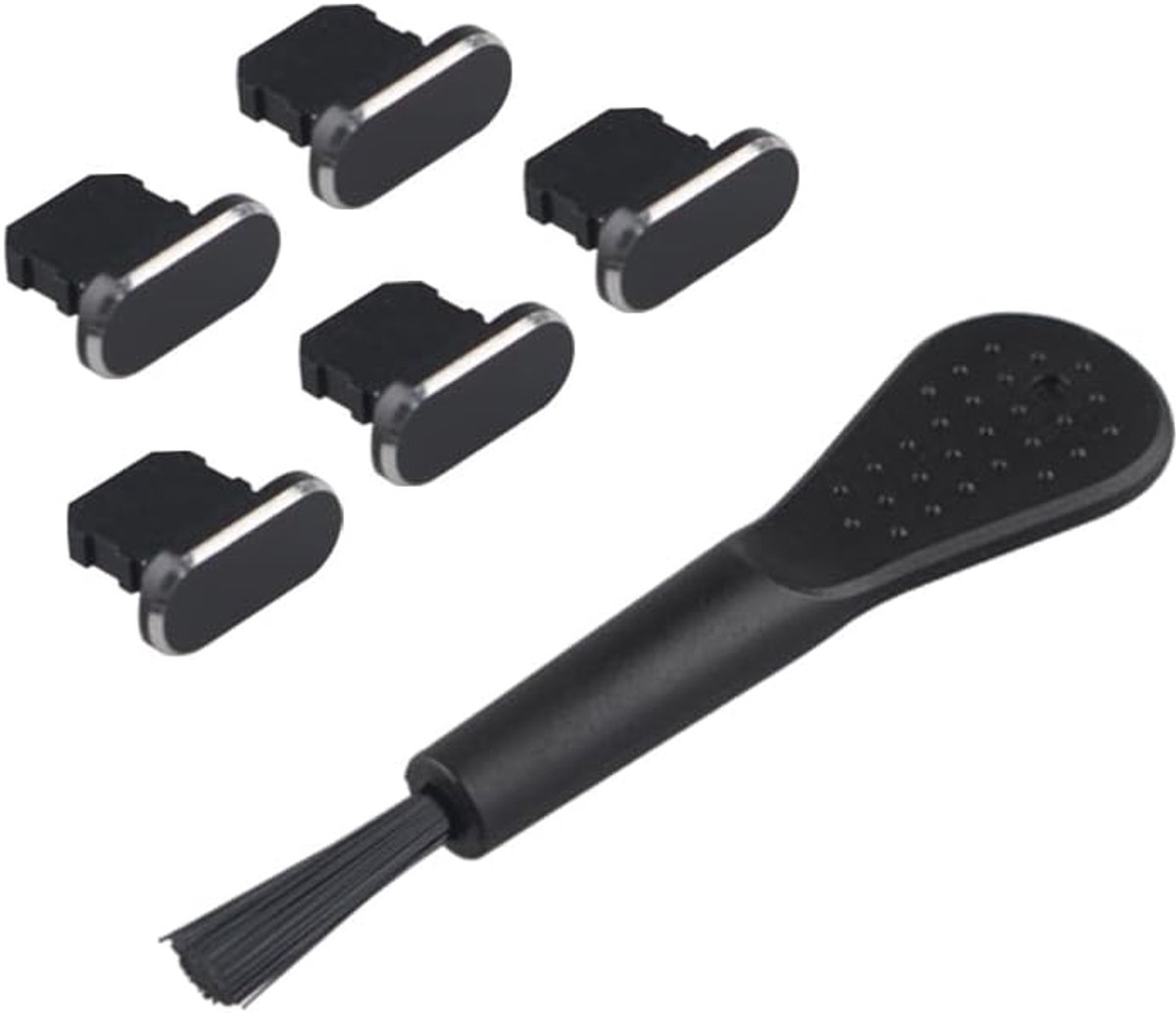 5 stuks anti-stofstekkers metalen afdekkappen bliksem oplaadpoort stofbeschermer met reinigingsborstel compatibel met iPhone 14 13 12 11 X XS XR 8 7 SE Mini Plus Pro Max iPad 4 zwart