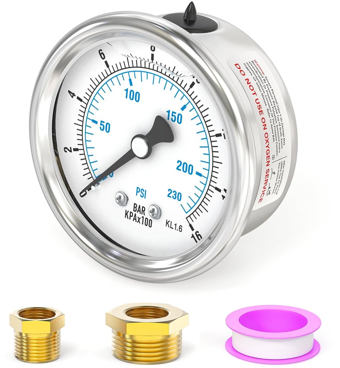 0-16 bar/0-230 psi roestvrij staal 1/8" BSP 2,5" wijzerplaat vloeistofgevulde manometer, achterste montage met 3/8" x 1/8" en 1/4" x 1/8" messing zeskantbus WOG water olie lucht