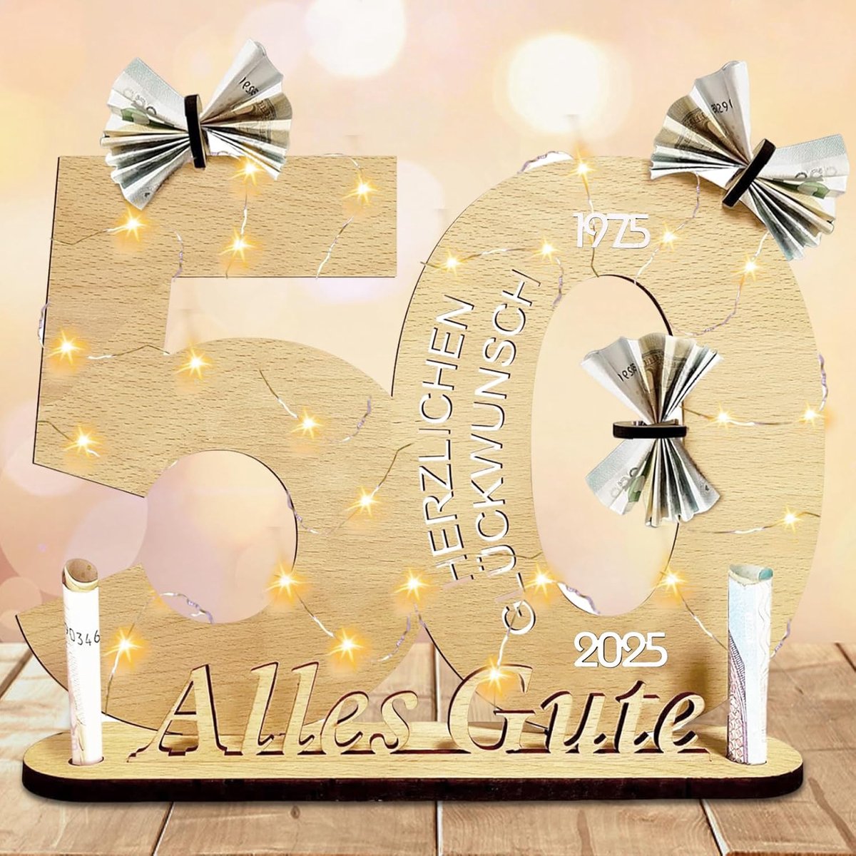 50e verjaardag decoratie, houten geldgeschenken, LED lichtketting standaard