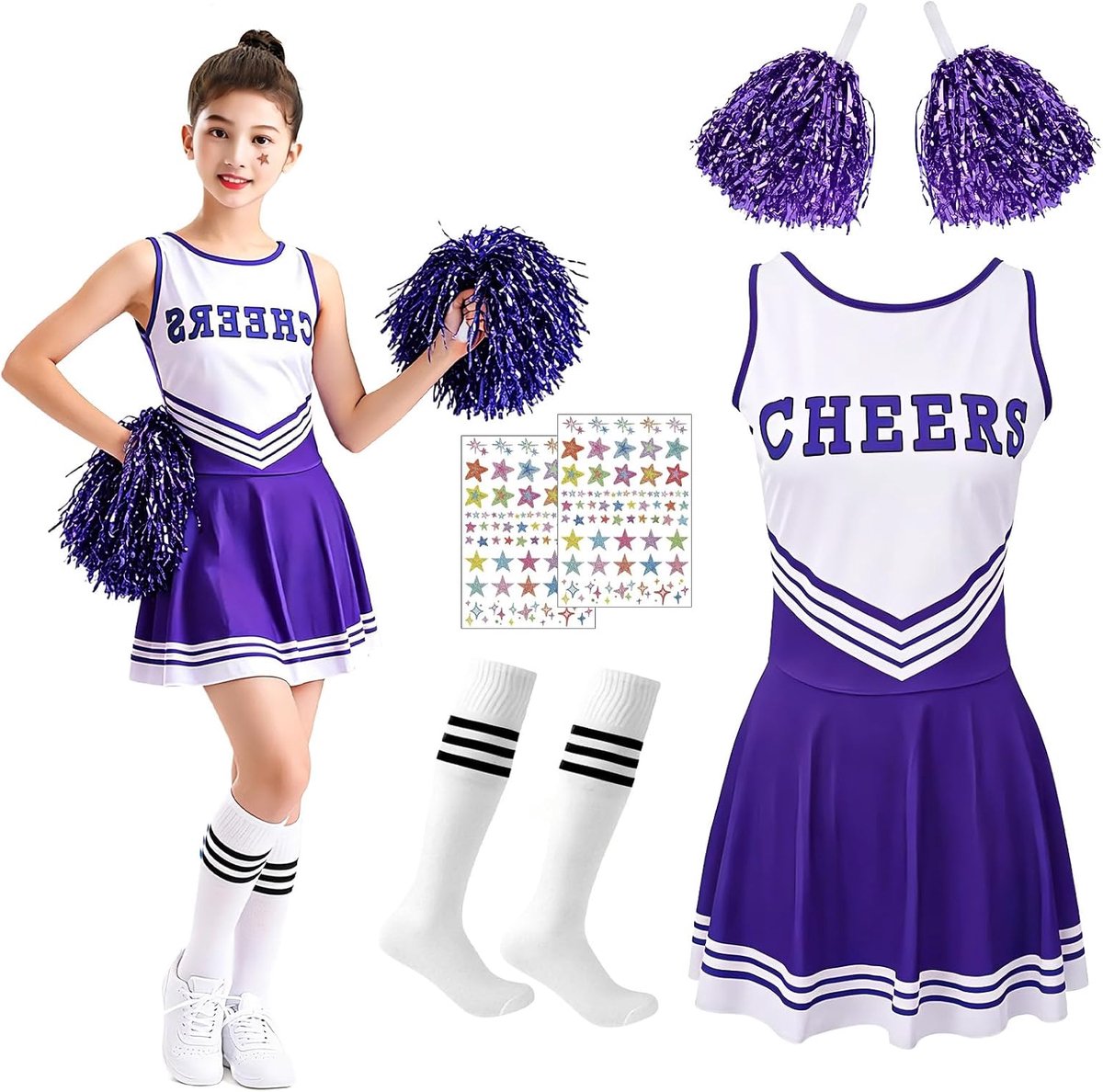 Cheerleaderkostuum voor kinderen, cheerleadering-outfit, kinderkostuum cheerleader met rok, pompons, sokken, 2 stickers, cheerleading-uniform voor carnaval, Halloween, carnaval, cosplay