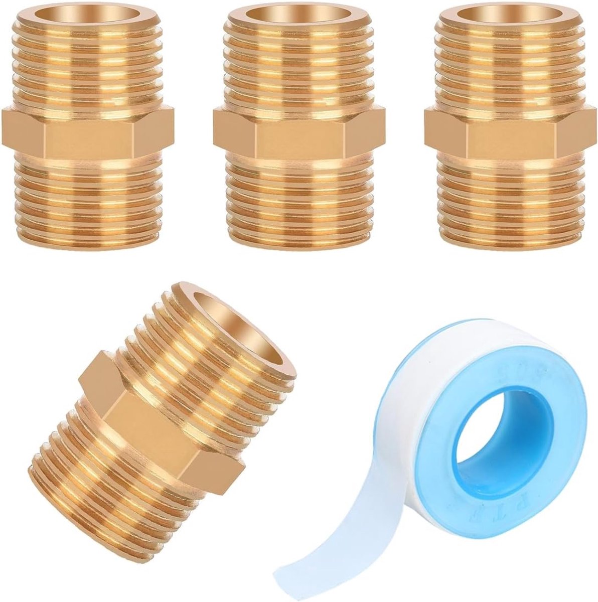 4 stuks Dubbele Nippel, Messing Buitendraad, Dubbele Nippel Zeskant 1/2 inch, Messing Dubbele Nippels voor verwarming, drinkwaterinstallatie, sanitair