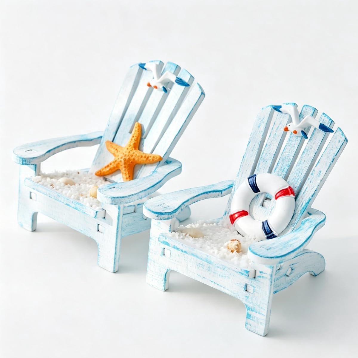 2 stuks mini-houten stoelen, stranddecoratieset met zeester, schelp, zwemring, mini-strandstoelen, blauw, ornament, tafeldecoratie, plank, auto, tuin, decoratie, zee, zomerstijl