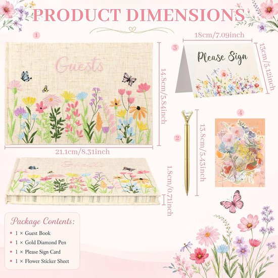 Gastenboek bruiloft wilde bloemen borduurwerk fotoalbum stof met stickers — afbeelding 2