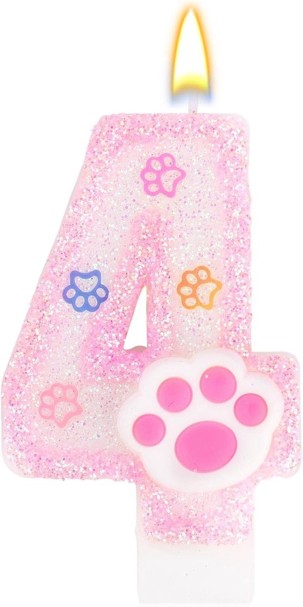 Verjaardagskaarsen voor Honden en Katten, Roze Verjaardagskaarsen met Een Cijfer Taartdecoraties met Pootafdrukken Geschikt voor Feestjes Een Huisdierthema (4)