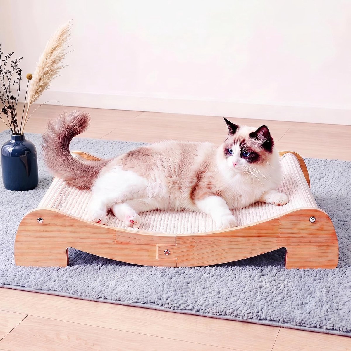 breed kattenkrabbed, 67,3 x 42,4 cm, stabiele houten kattenkrabberlounge met natuurlijk sisal, massief houten horizontaal krabbed voor grote katten binnenshuis, meubels voor katten