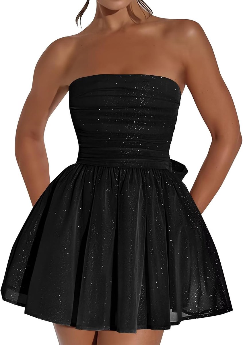 Paillettenjurk voor dames, kort, nauwsluitend, sexy mini-jurk, mouwloos, glitter, tule, homecoming, strapless en open rug, elegant, bodycon bandeau-jurk voor cocktails