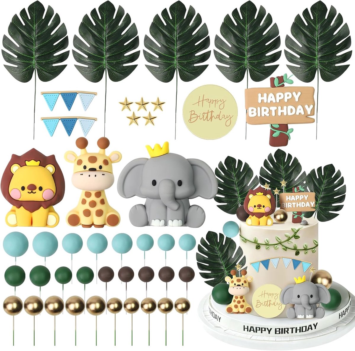 42 stuks, dieren, jungle, saliegroen, set bosdieren, taarttoppers, giraf, leeuw, olifant, voor kinderverjaardag, babyshower en feestdecoratie