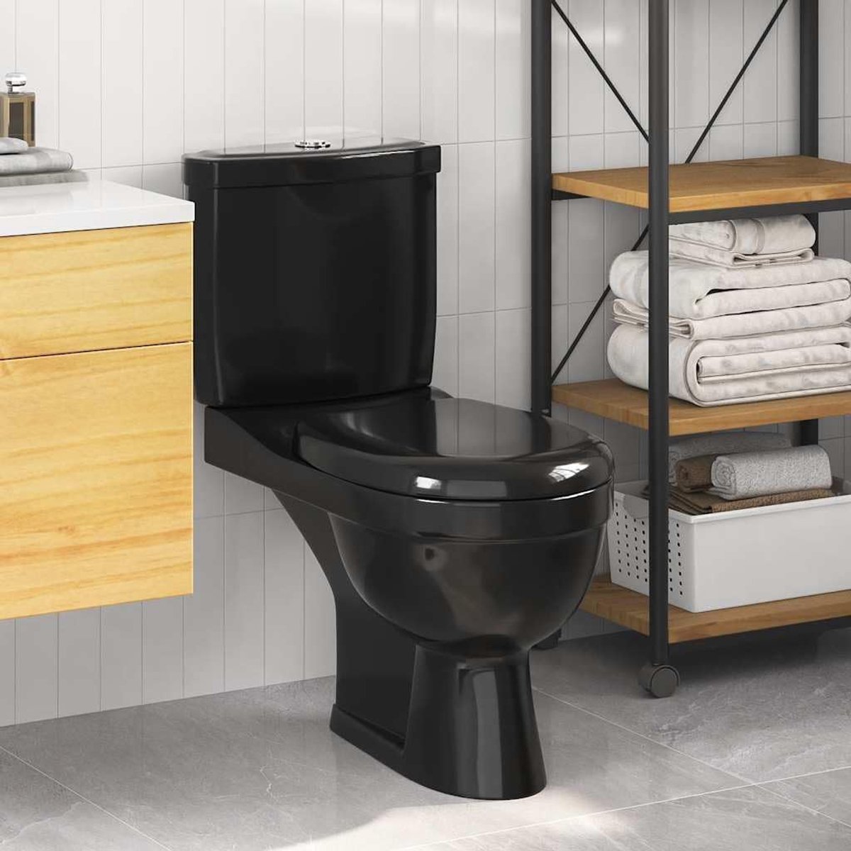 Toilet met spoelbak, zwart, keramiek toilet met diepspoelbak, dubbele spoeling 3 of 6 liter, inclusief softclose-zitting, modern design voor de badkamer