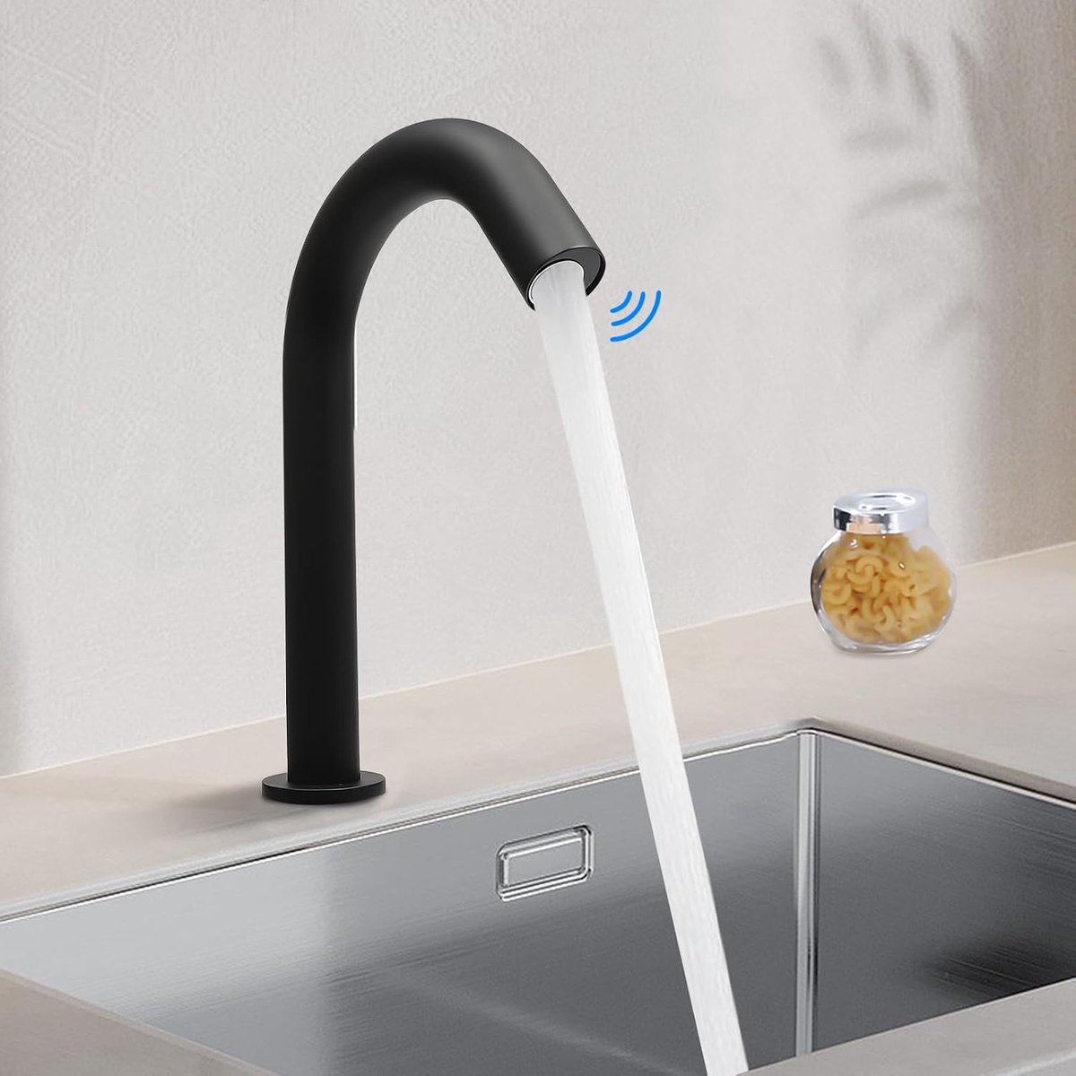 Kraan, wastafelarmatuur met automatische sensor, contactloze badkamer, automatische kraan, zwart
