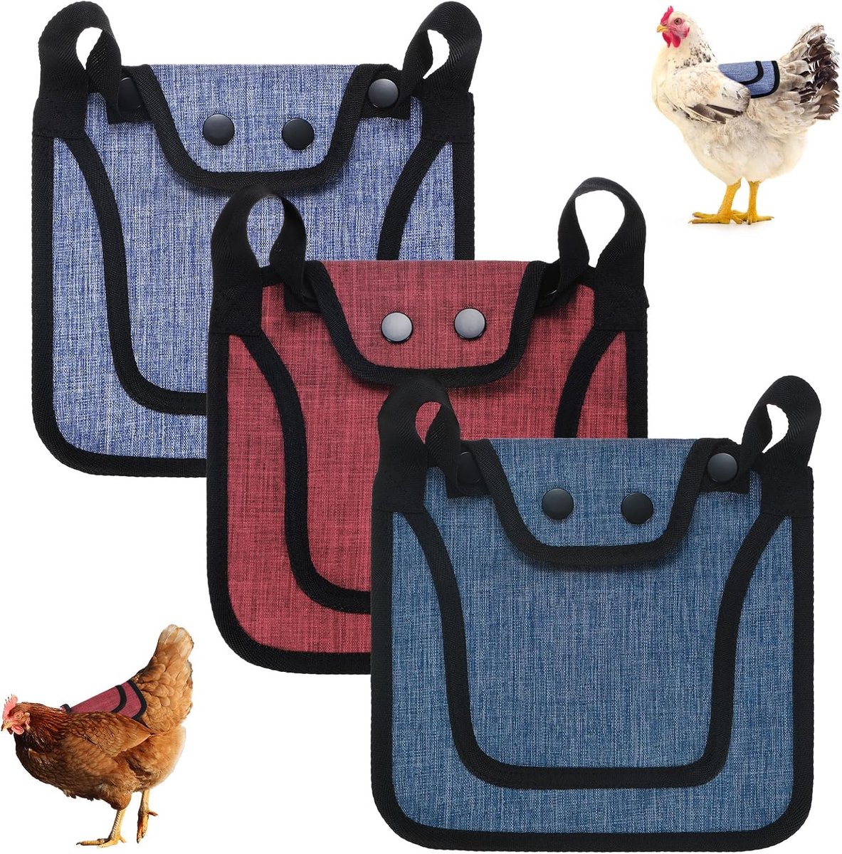 3-pack premium kippenzadel, 25,4 cm kippenzadel met verstelbare riem, vogelverenbeschermer voor rug en zijkanten pluimvee spaarder voor kippen en hanen [paars, rood, blauw]