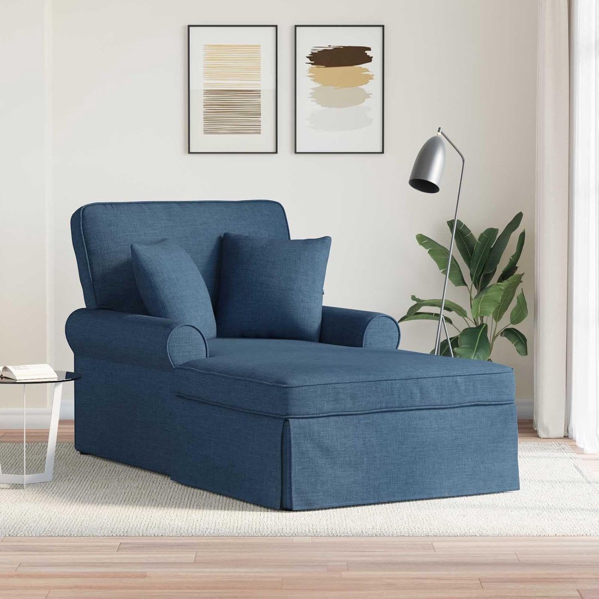 Blauw met rok en 2 kussens, moderne loungestoel voor woonkamer, slaapkamer, 91 x 157 x 91 cm, stoffen ligbed
