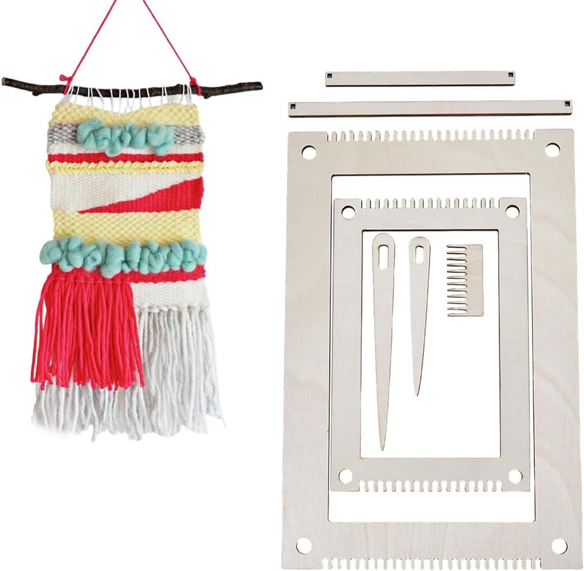 Dailygoods- Weefstoelset 7-delig - Houten Weefraam - Rechthoekig Frame - Naalden/Kammen - Kunsthandwerk - Voor Volwassenen/Beginners