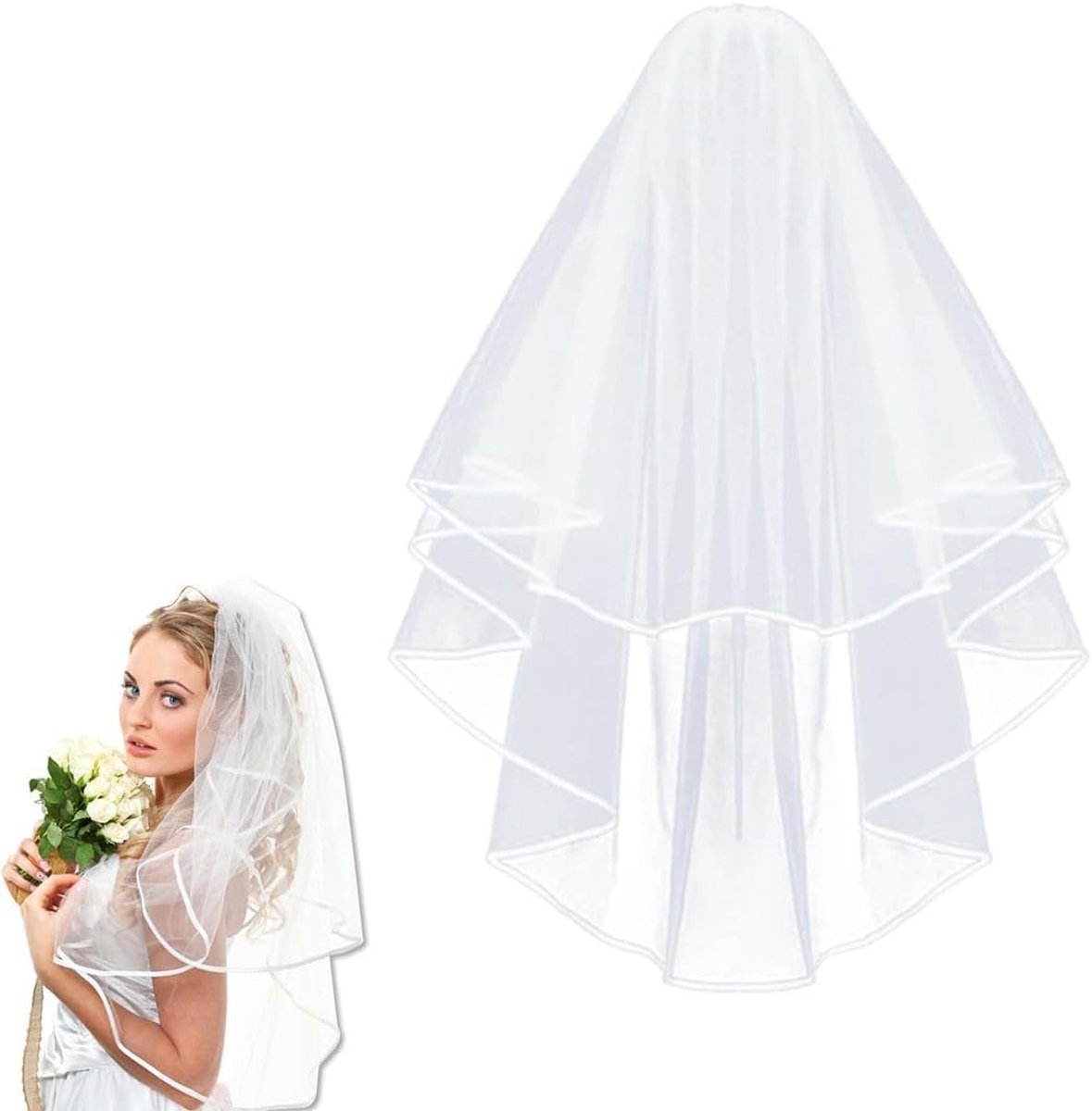bruidssluier, elegante korte bruidssluier van tule met kam voor vrijgezellenfeest, wit, één maat