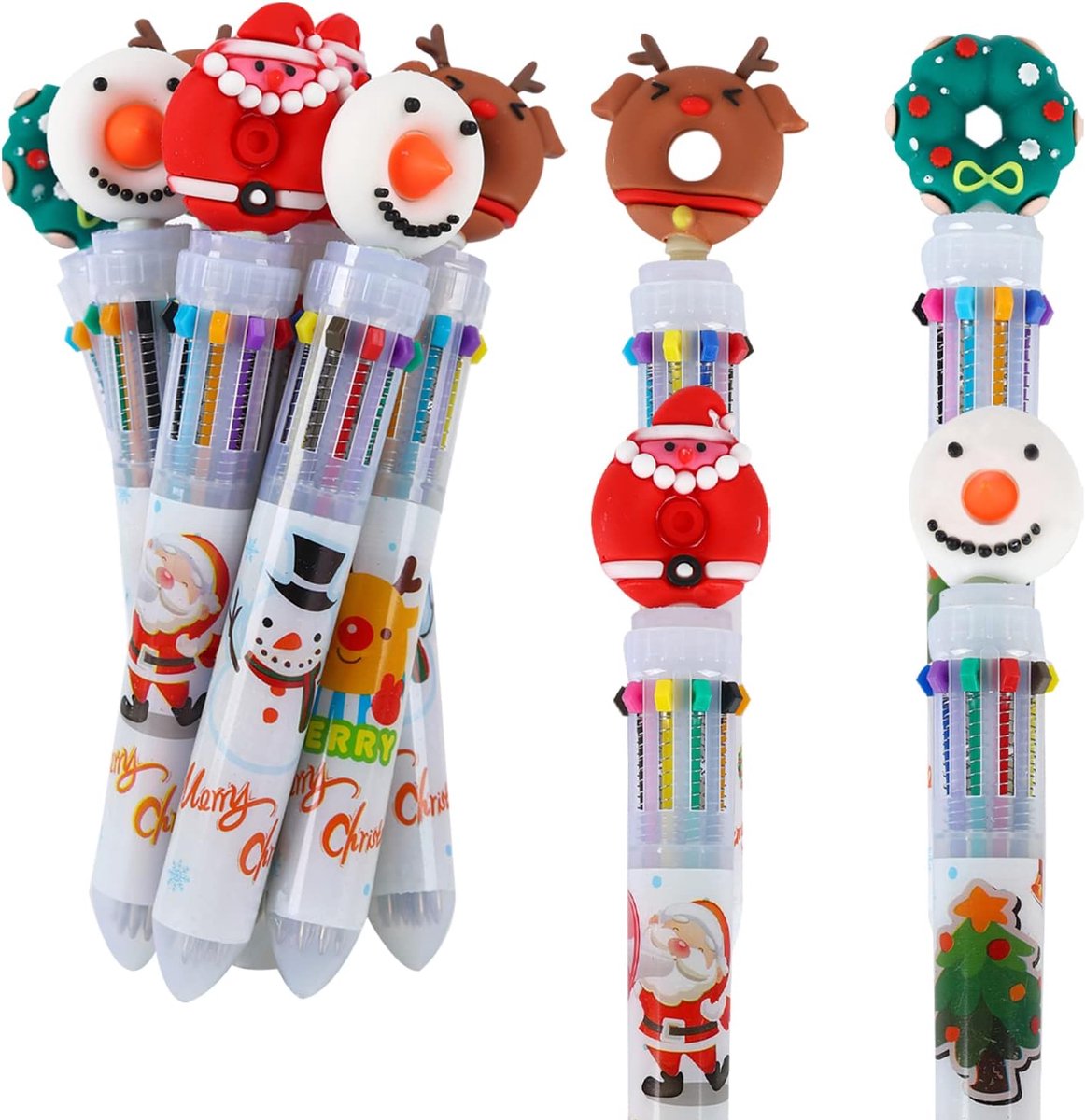 Balpennen 12 Pack Multicolor Pennen Kerstboom Sneeuwpop Santa Rendier Xmas Thema Nieuwigheid 10-in-1 Intrekbare Marker Pen voor Studenten Kantoor Kerstfeest Gift Briefpapier Benodigdheden
