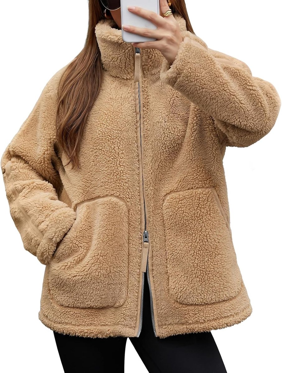 Teddy fleece damesjack met trechterhals en grote zakken