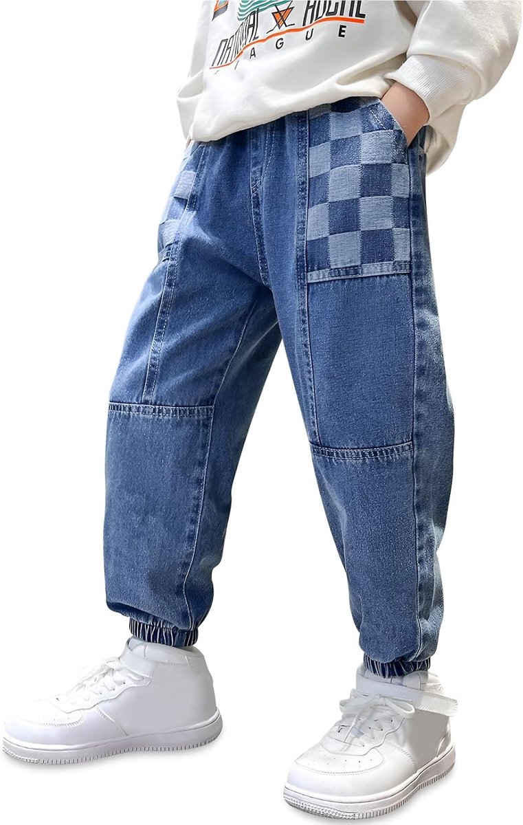 Jeans broek kids baggy casual denim broek met elastische tailleband en zakken loose fit zachte denim broek stretch jongens casual broek zonder knopen voor 6-14 jaar, maat 122-164
