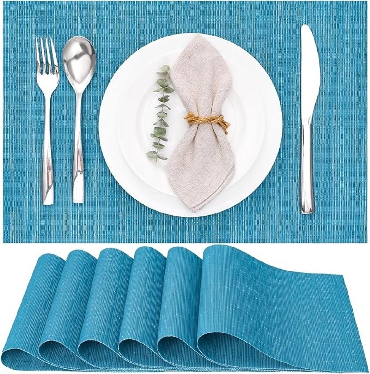 Livatto Placemats Set van 6 – Geweven Vinyl Onderzetters, Wasbaar en Hittebestendig, Blauw