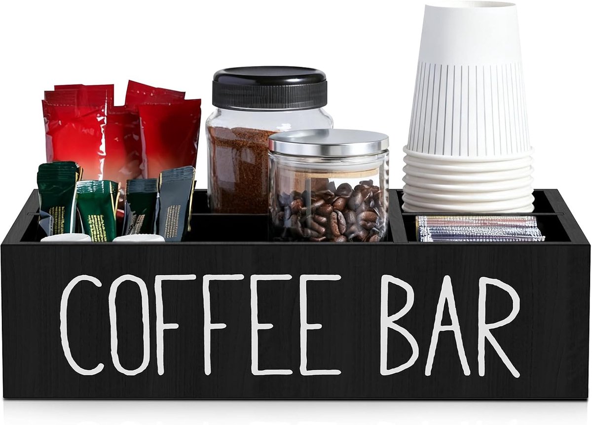 Koffie-organizer van hout met 4 afneembare vakken, koffiebar accessoires, opbergdoos voor koffiecapsules, rietjes, suiker en bekers, decoratieve koffieblik organizer box voor thuis, kantoor, cafés