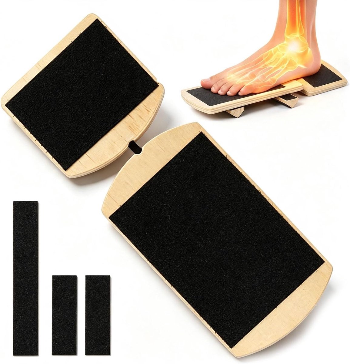 Wiebelplank van massief hout, balansboard voor voettraining, houten balansboardset, voor stabiliteit, revalidatie en pijnverlichting, houdingscorrectie, boogtrainer