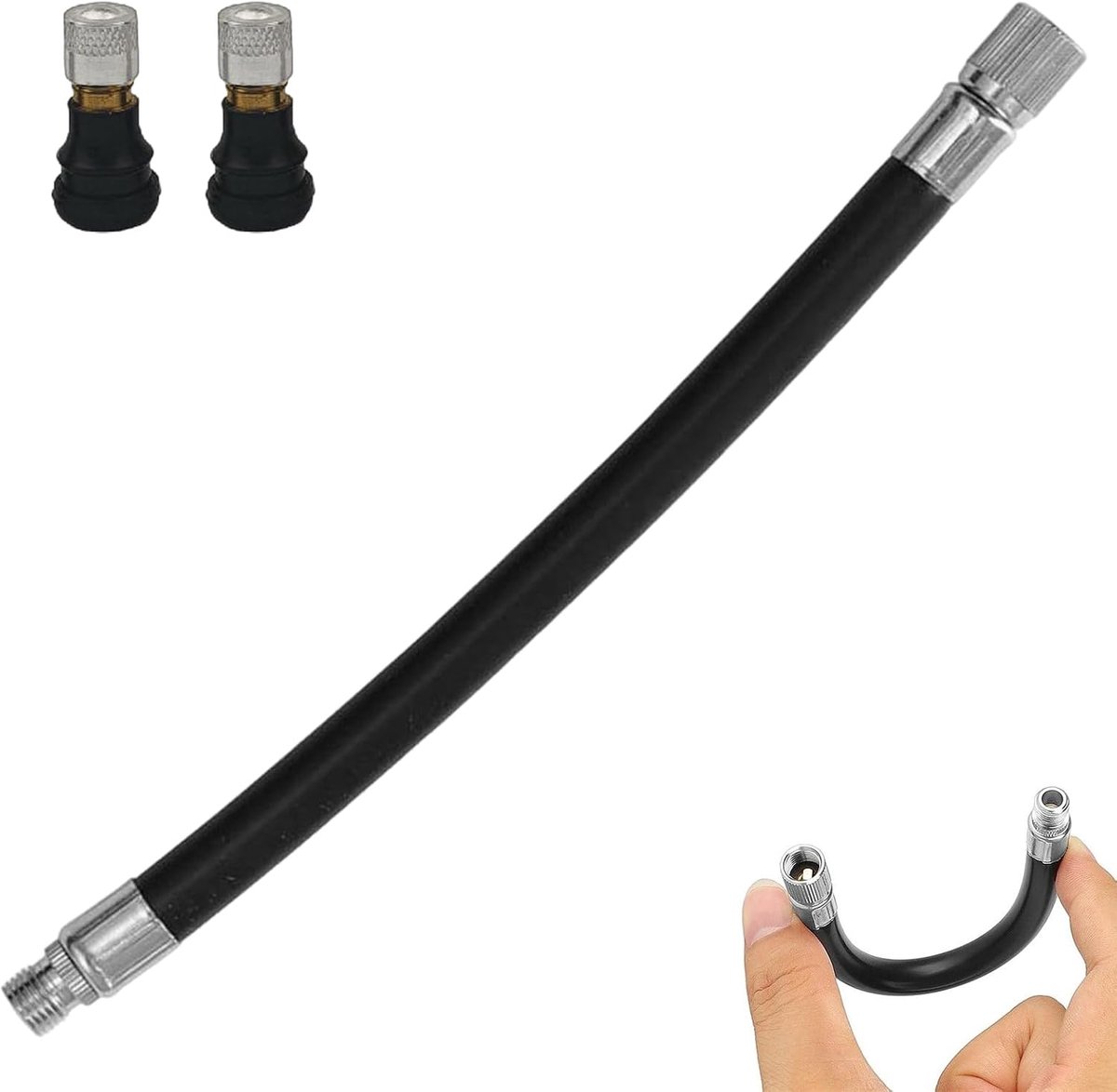 Verlenging 16 cm met 2 metalen doppen, verlengslang voor banden van flexibel rubber, adapter voor draagbare compressor, scooter, fiets, motorfiets