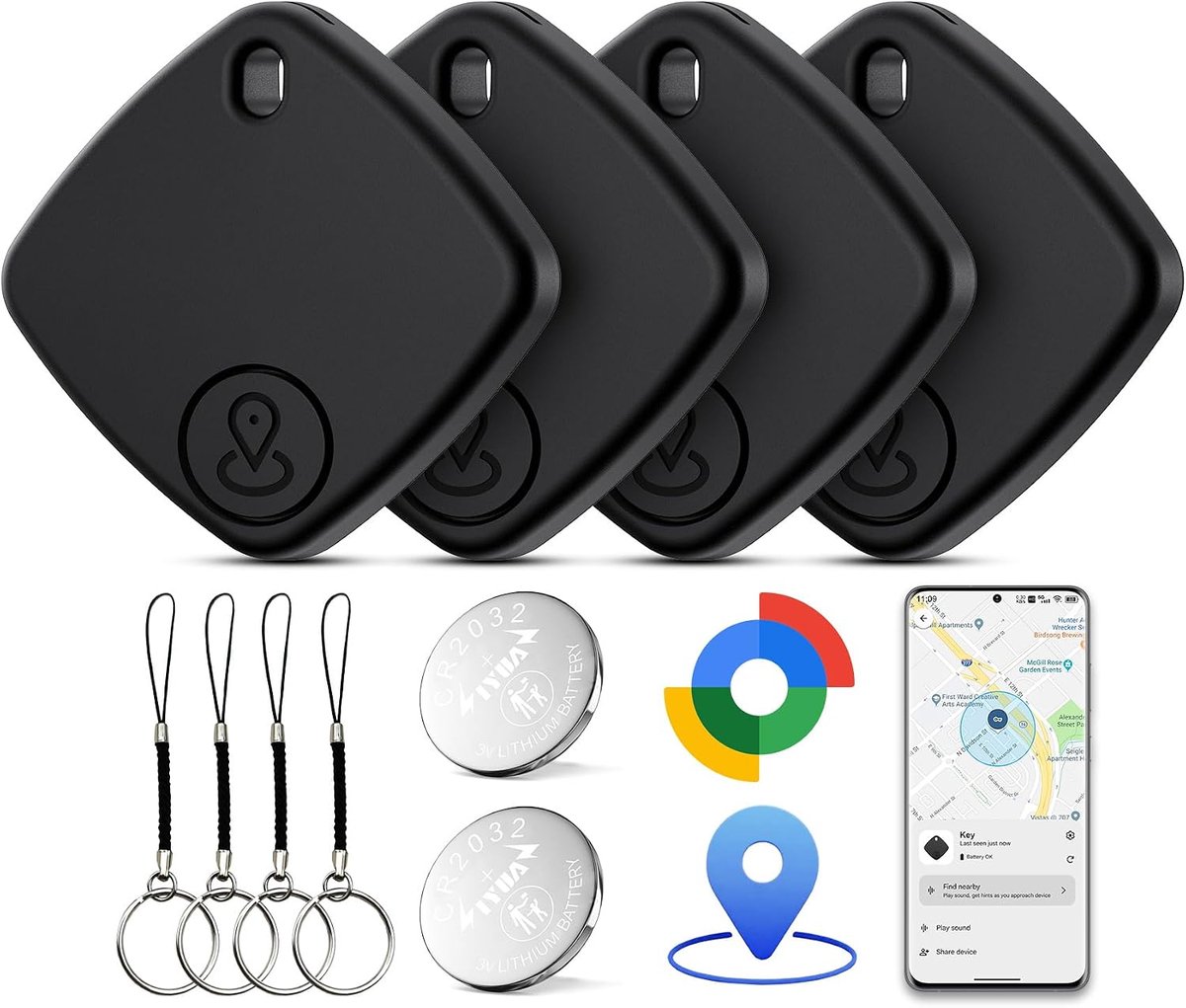 Tracker Tag Android, 4 Pack Smart Tracker Tag, Bluetooth-locator (Zwart)
