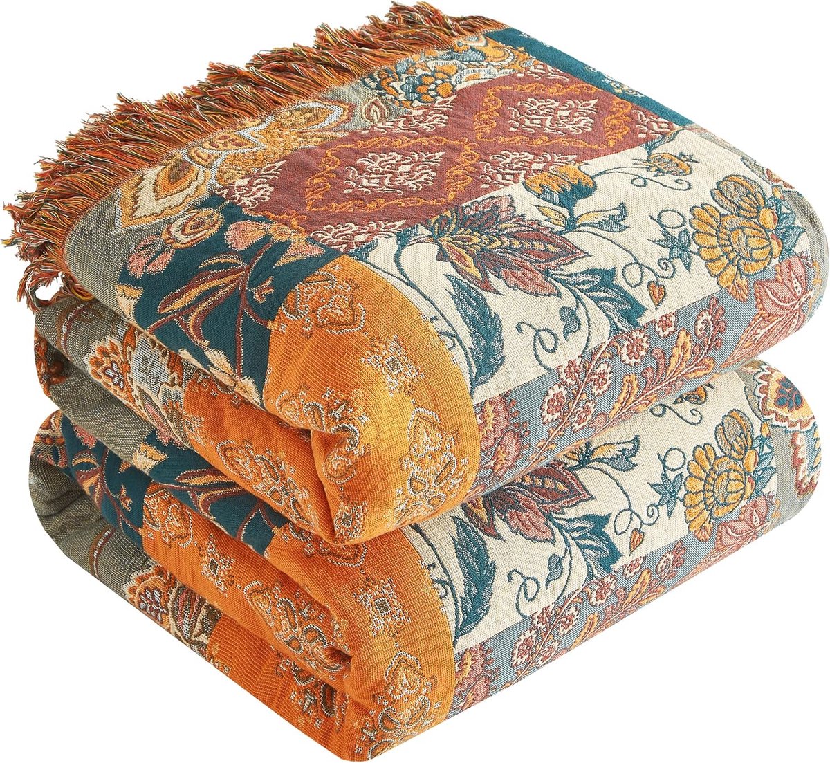 Boho-deken, 100% katoen, dubbelzijdige mousseline sprei, 130 x 150 cm, behaaglijke bankdeken en bedsprei, esthetisch design, ideaal voor woonkamer en slaapkamer, oranje/groen