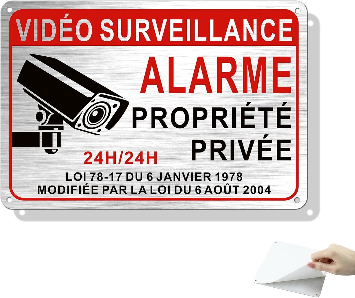 Videobewaking, 22 x 15 cm, sticker videobewaking + voorgeboorde gaten, bord "Alarm Privée Propriété 24", geborsteld aluminium, duurzaam, 1 stuk