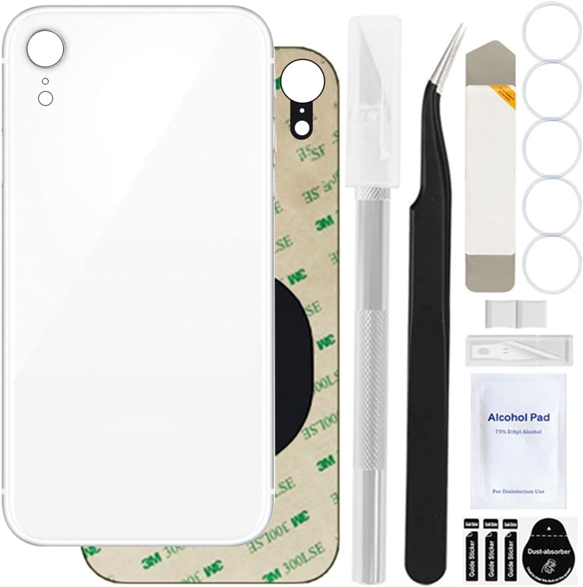 Cover Glas (zonder Logo) Vervanging Compatibel met iPhone XR, Professionele Reparatie Tool Kit, Vooraf Geïnstalleerde Lijm en Rubberen Bands (6.1"/Wit)