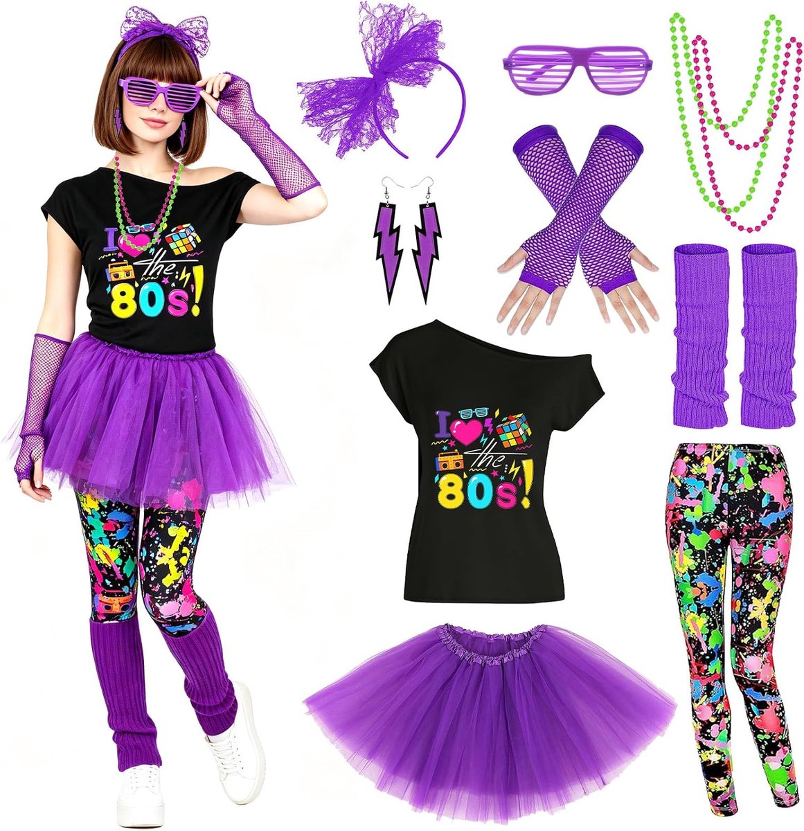 80-outfit voor dames, jaren 80 workoutkostuum, jaren 80-accessoires, jaren 80/90-outfit voor dames, jaren 80/90-kleding, kostuumaccessoires, voor carnaval, themafeest