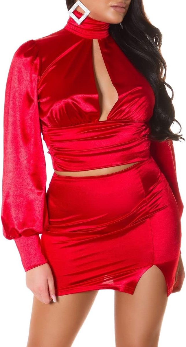 Sexy satijnen look party top volledig rugvrij!, rood, L