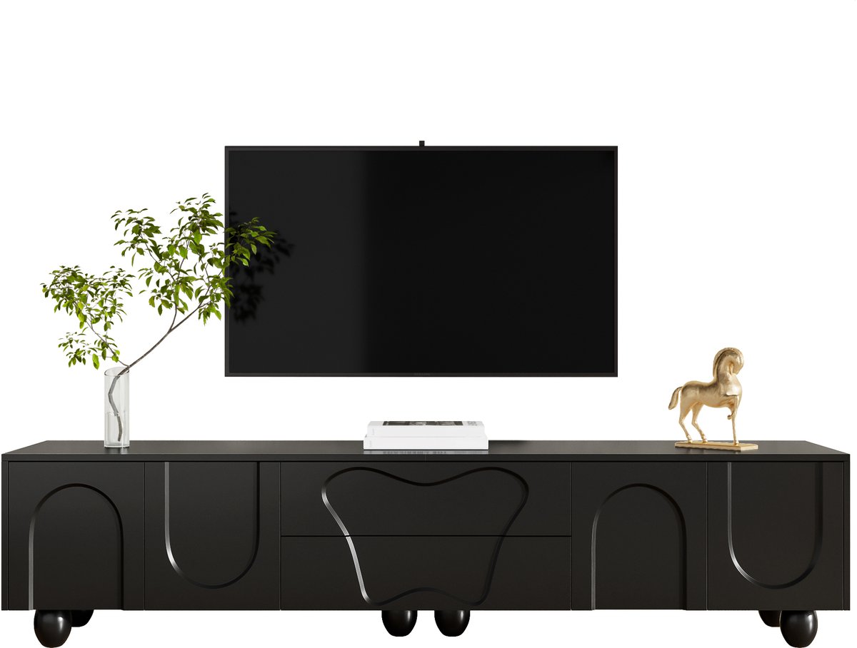 tv meubel met gebogen deuren en houten poten - Opbergmeubel voor woonkamer - 180 cm breed - Zwart - 2 deuren en lades - Geschikt voor tv tot 70 inch