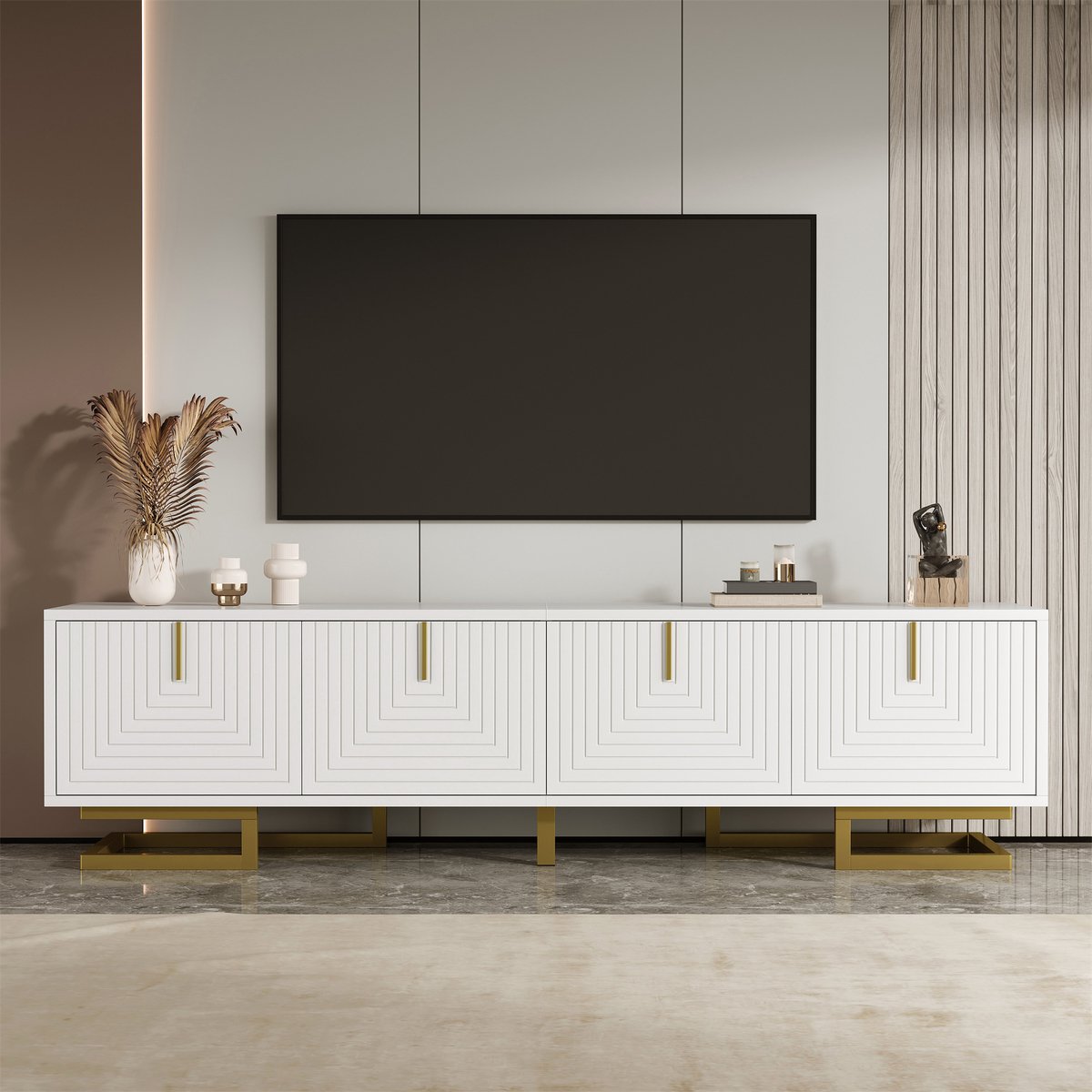 tv meubel met gestructureerde deuren - Voor woonkamer en mediakamer - 160 cm breed - Wit - Gouden grepen en poten - 4 deuren met verborgen opbergruimte - Gedempte scharnieren - Verstelbare poten