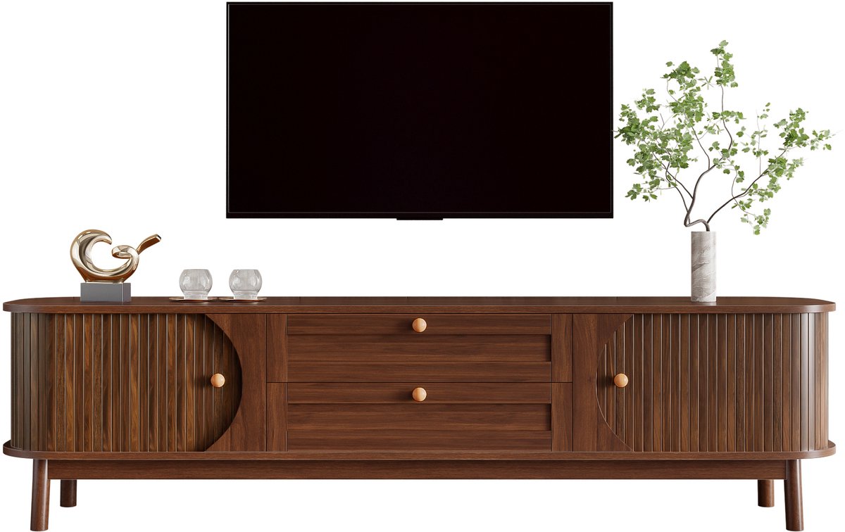 tv meubel Walnoot 170 cm - Scharnierdeuren en lades - Lamellenfront met bamboe-look - Afgeronde hoeken - Houten poten - Natuurlijk design
