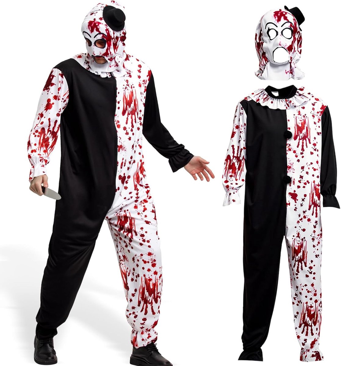Art the Clownskostuum: horrorfilmkostuums voor volwassen mannen, terrifier moordenaar, cosplay outfit set met hoed dolk
