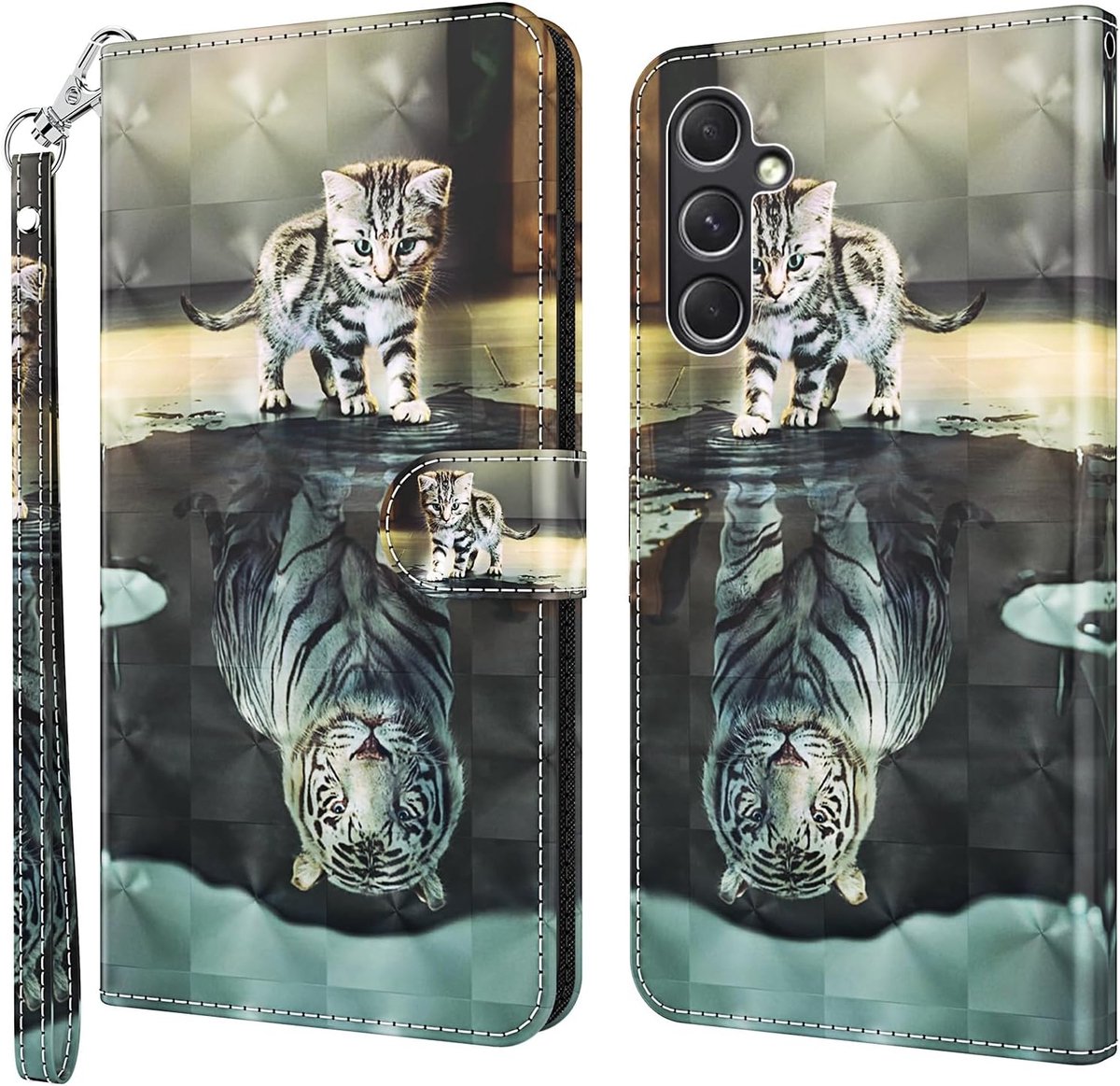 compatibel met Samsung Galaxy A57 5G, hoes van PU-leer, klaphoes met standaard en kaartsleuven, beschermhoes, portefeuille, case, cover, kat, tijger