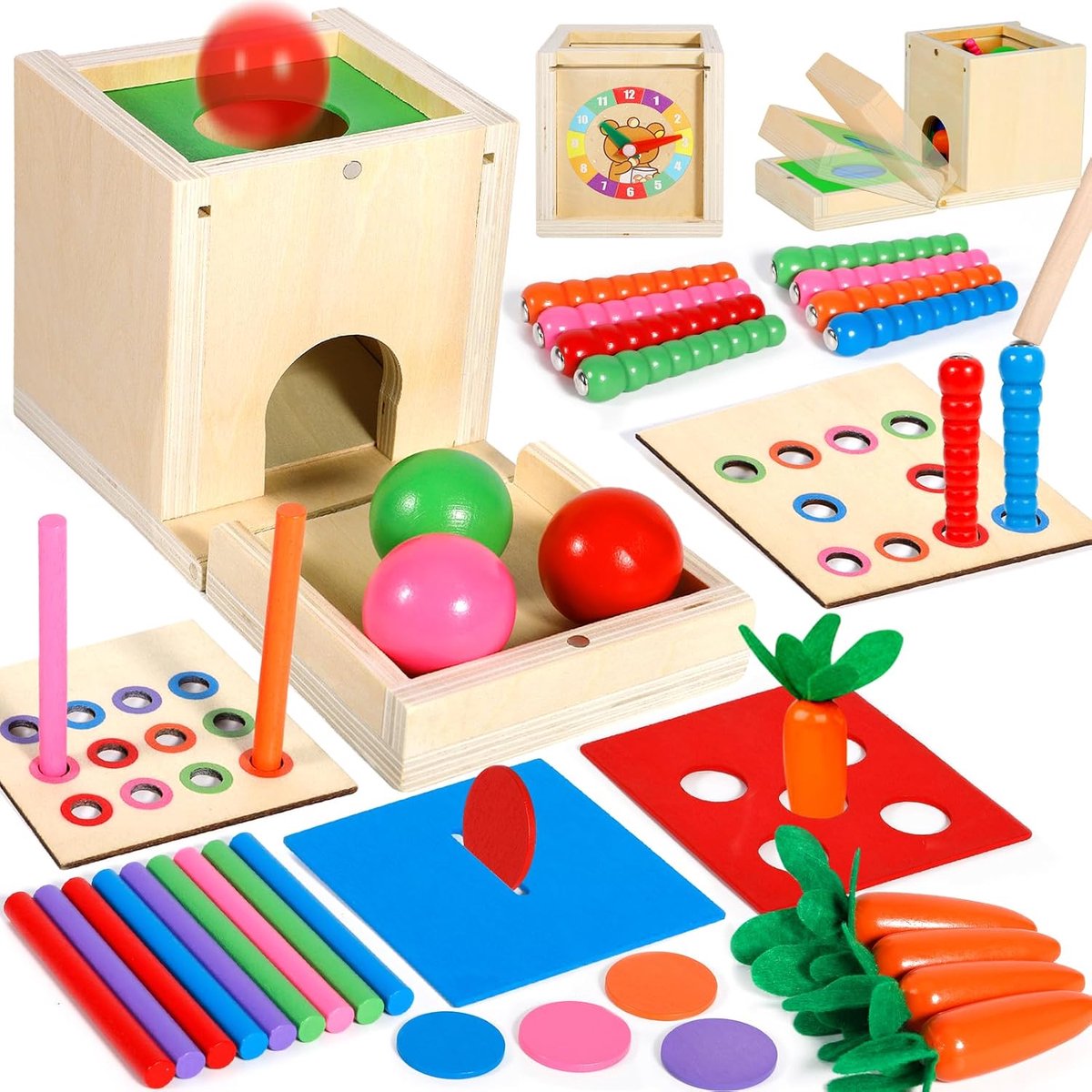 Montessori Speelgoed, 2, 3 jaar, 6-in-1 babymotoriek, speelgoed voor jongens en meisjes, houten speelgoed, sorteerspel, educatief speelgoed voor kinderen als Kerstmis, geboorte