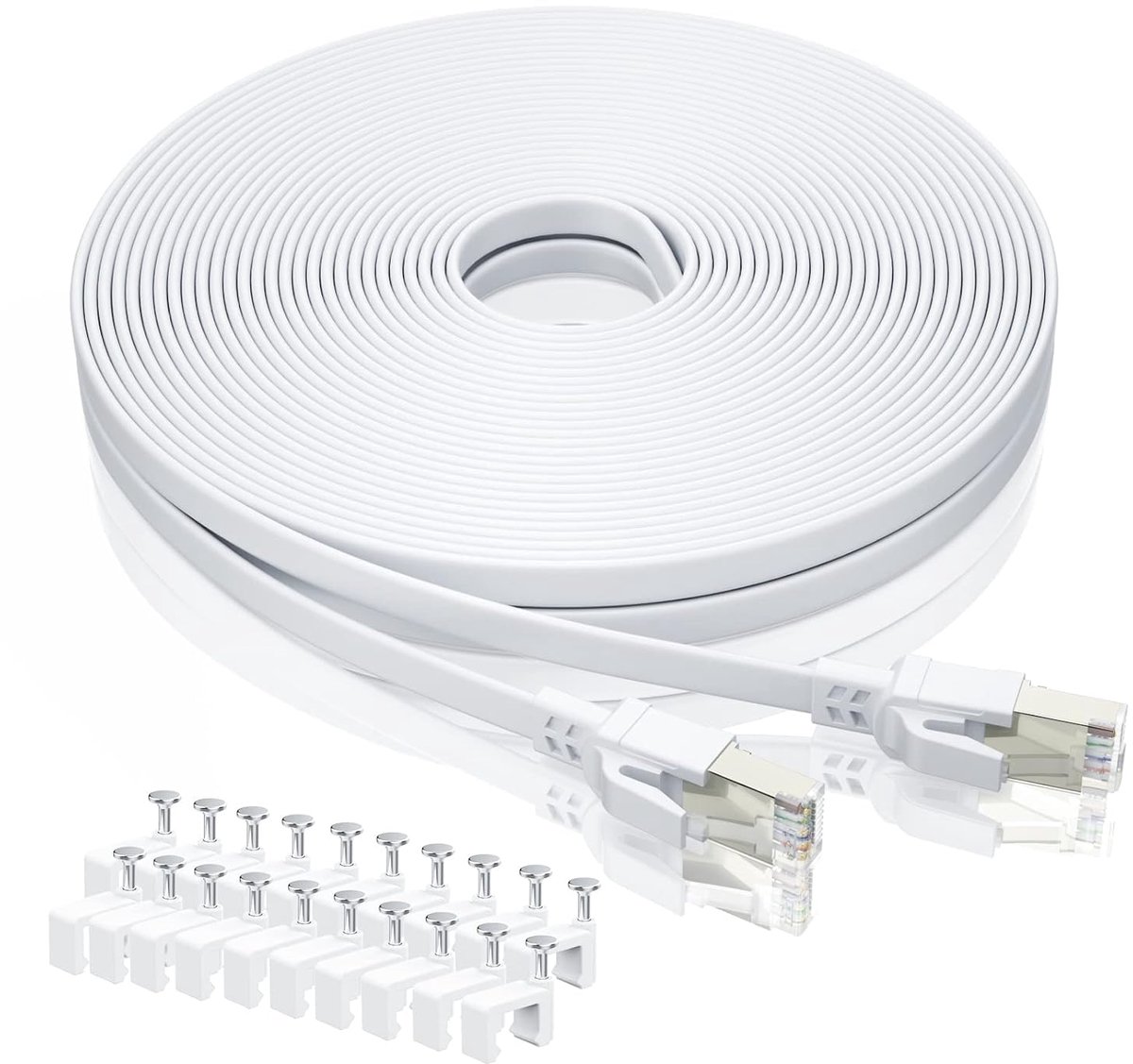 Cat8 Ethernet-kabel 25 m met clips, 40 Gbit/s 2000 MHz Cat 8 LAN-kabel-netwerkkabel Gigabit RJ45 patchkabel, platte high-speed internetkabel voor router, laptop PS5, wit