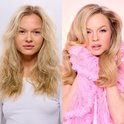 Model met blond haar: links pluizig en onbehandeld, rechts gestyled en glanzend met een roze tule top.