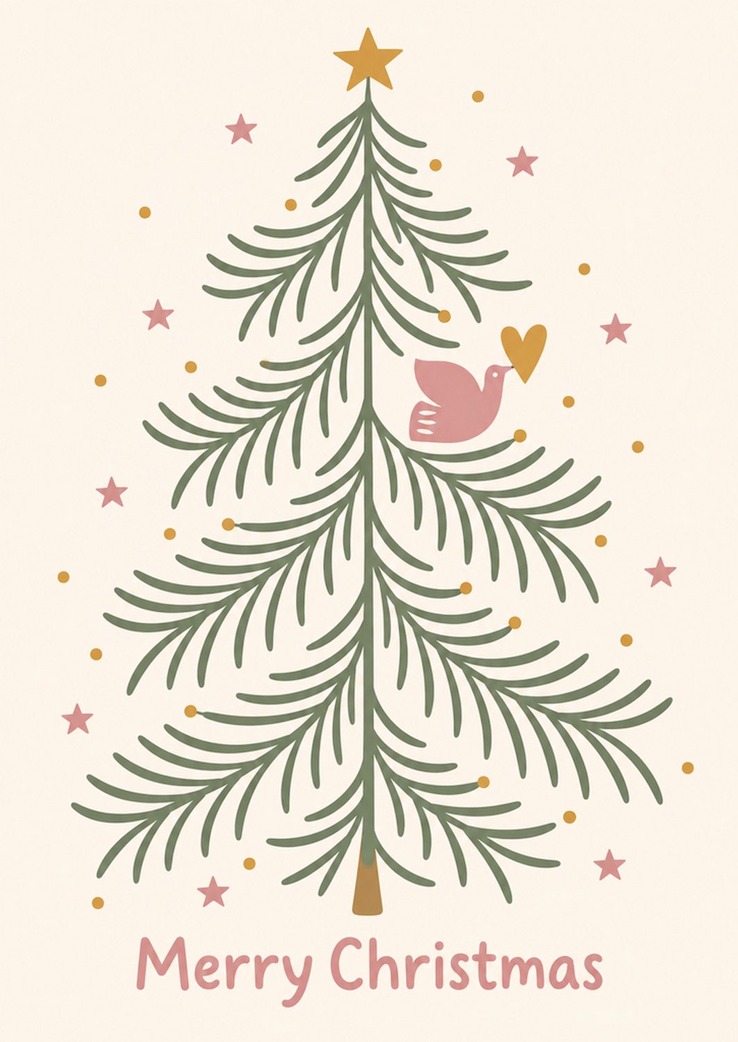 Kerstkaart A6 – Merry Christmas – Kerstboom met vogel en sterren