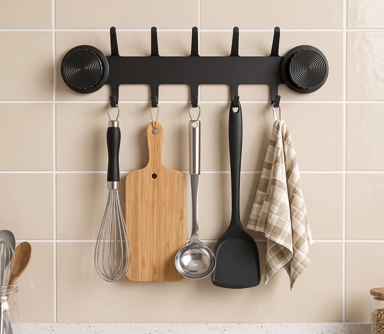 Keukenlepelhouder met zuignap 38.5cm - 5 dubbele haken - metalen handdoekhouder zonder boren - ideaal voor badkamer - m-winkel