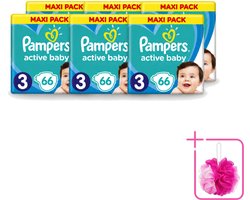 6 x Pampers – Luiers – Active Baby Dry Maat 3 – 66 Luiers - Bulkverpakking - Baby luier - Douchemop - Droge luier