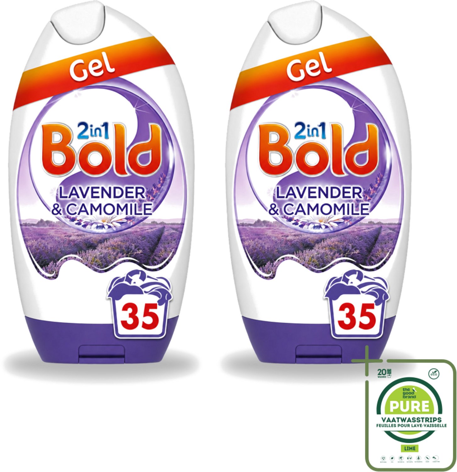 2 x BOLD - Wasgel - 2 in 1 - Lavendel en Kamille - 35 Wasbeurten - Grootverpakking - Vaatwasstrips - Wasgel - Wasmiddel - Wasbeurt - Wasmachine - Kleding Reinigen