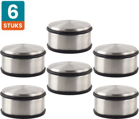 Set van 6 identieke zilverkleurige RVS deurstoppers.