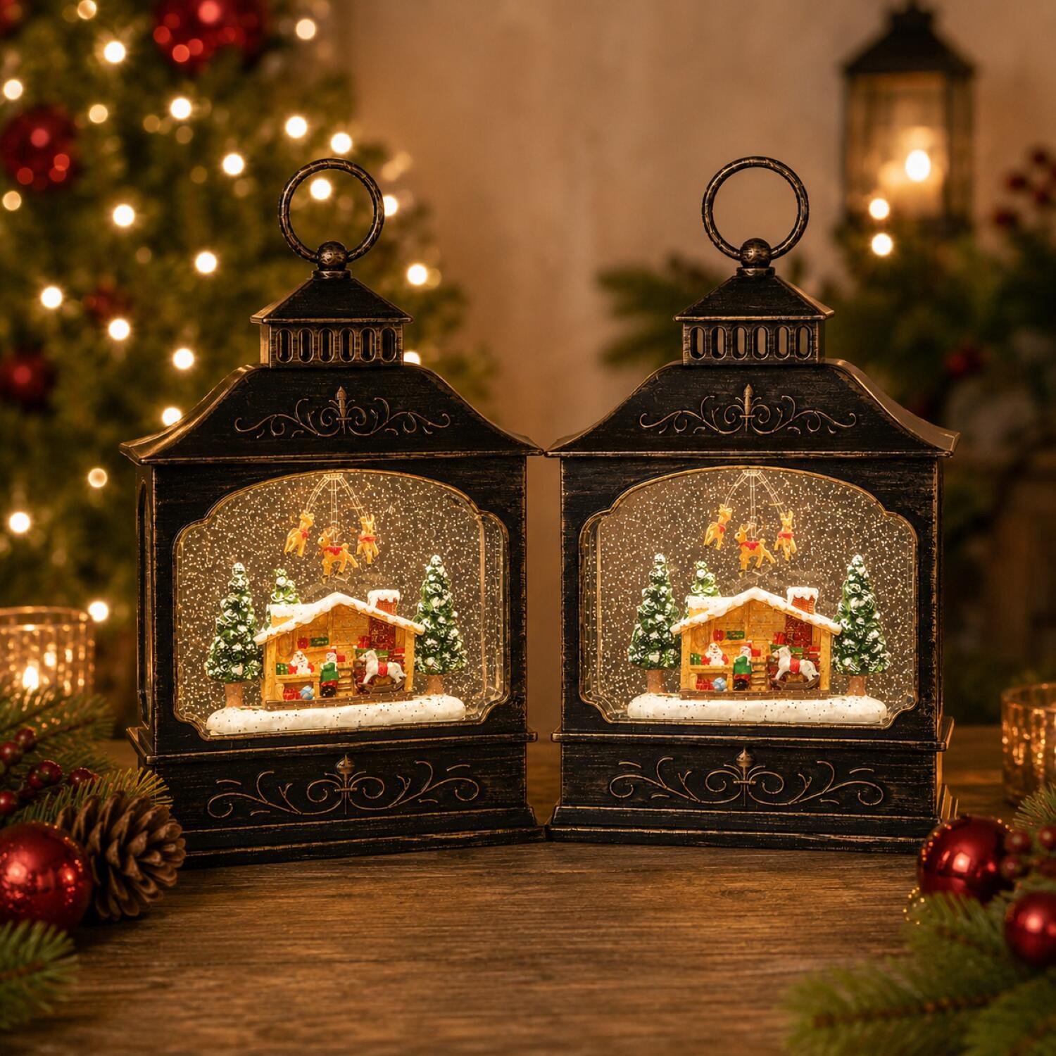 Anna's Collection Sneeuw lantaarn - 2x - 27,5 cm - met LED verlichting - glitter - sneeuwbol - snowglobe