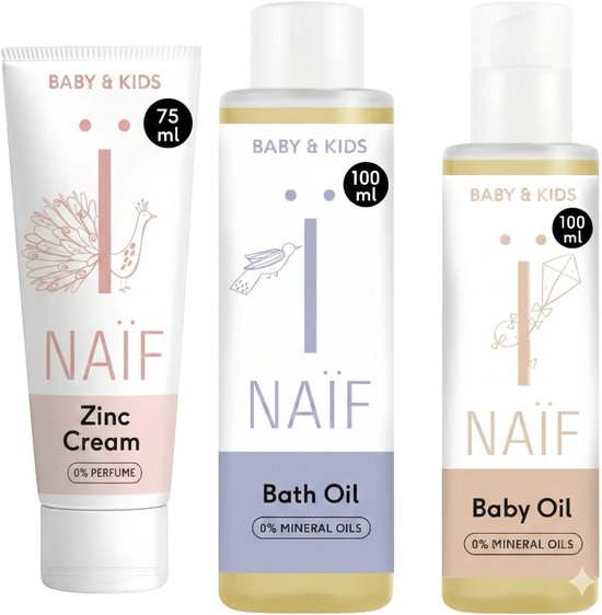 Set van drie Naïf babyhuidverzorgingsproducten: Zinkcrème, Badolie en Babyolie met dierlijke illustraties.