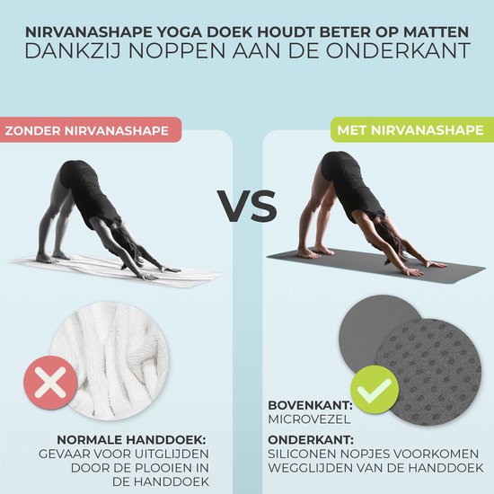 NIRVANASHAPE - Yogahanddoek als yogamat handdoek - antislip noppen - absorberende microvezel - hygiënisch en wasbaar op 40 graden - 185 x 63 cm - grijs/blauw — afbeelding 2