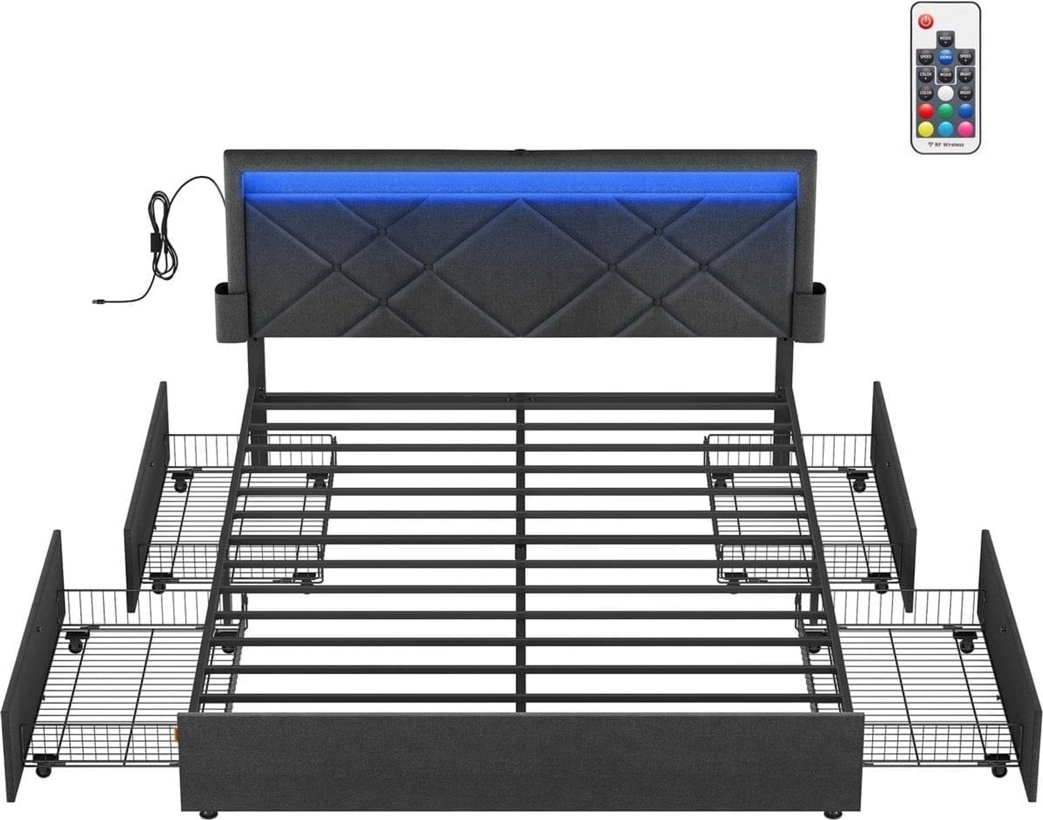 Klarven Hoofdbord Leigrijs-Matzwart - Verstelbaar Hoofdbord met Verlichting - 4 Lades, Afstandsbediening - USB-A en USB-C Oplaadpunten, Zijvakken en Organizers Antraciet/Zwart