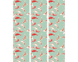 Akoestisch Kamerscherm – 3-Delig – 135 x 172 cm – Geluidsabsorberend – Fish and Japanese Pattern - Koi Fish in Orange-Cream Colors on a Green-Mint Background with an Oriental Pattern – Houten Frame – Roomdivider
