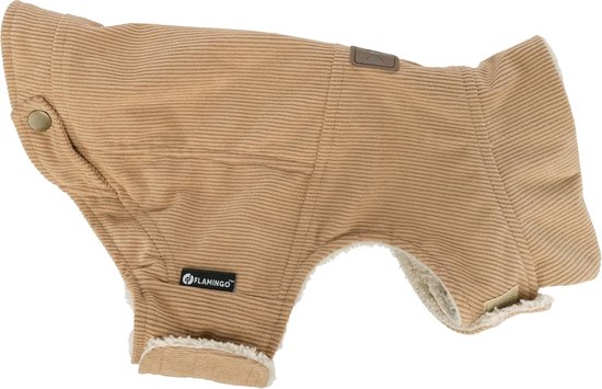 Beige corduroy hondenjas van Flamingo met witte pluche voering, zijaanzicht met drukknopsluiting.