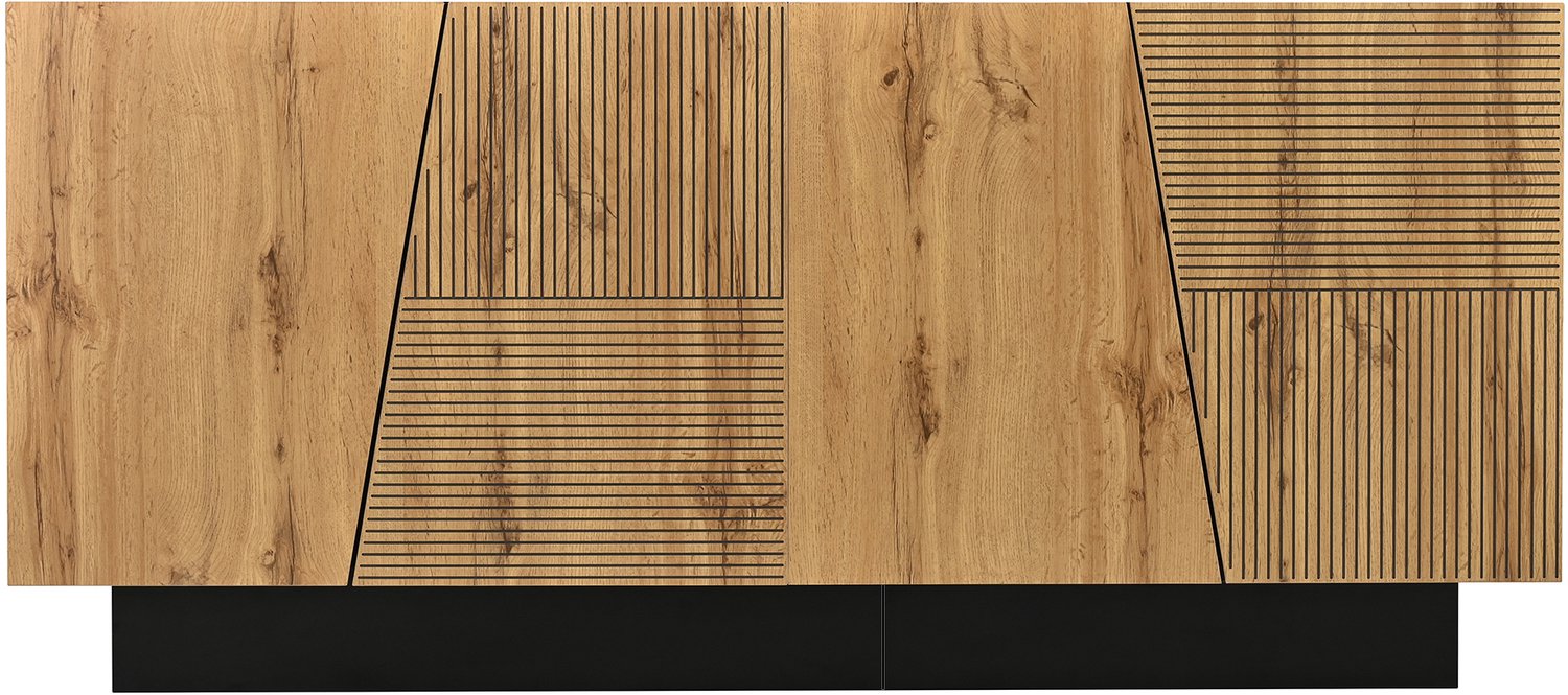 SONNENH Dressoir met 4 geometrische deuren en verstelbare planken - Zwart en houtlook - 160 x 40 x 72 cm